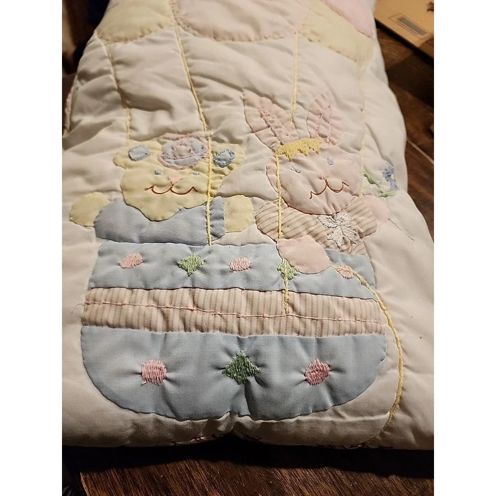 Vintage Quilted Bunny Bear Baby Blanket Pillow Hot Air Balloon Pastels Carousel
